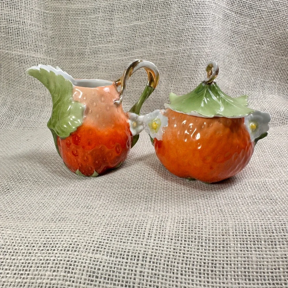 Royal Bayreuth Strawberry Creamer Sugar Bowl Set Vintage Porcelain Figural READ
